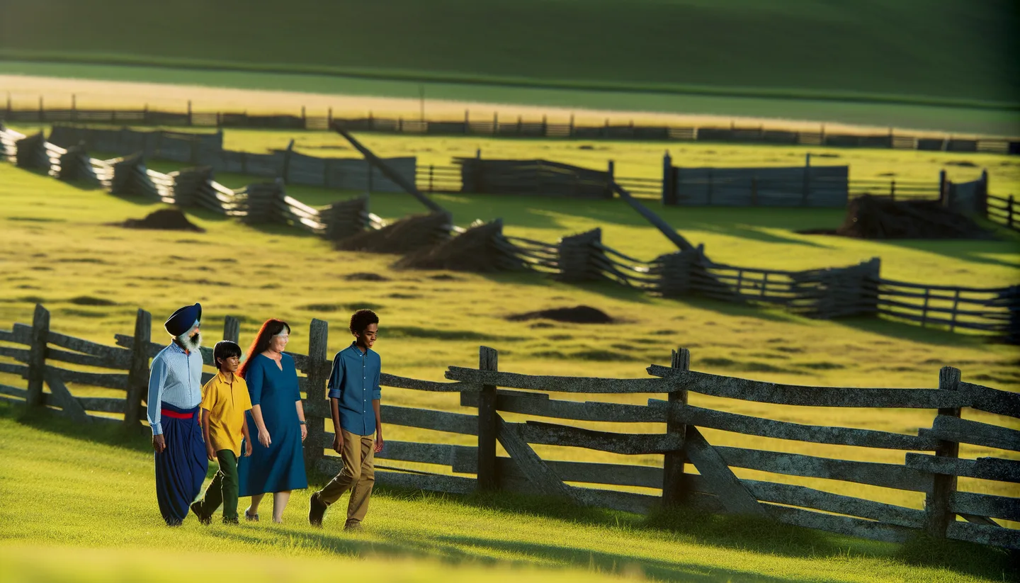Family walking along inherited rural property