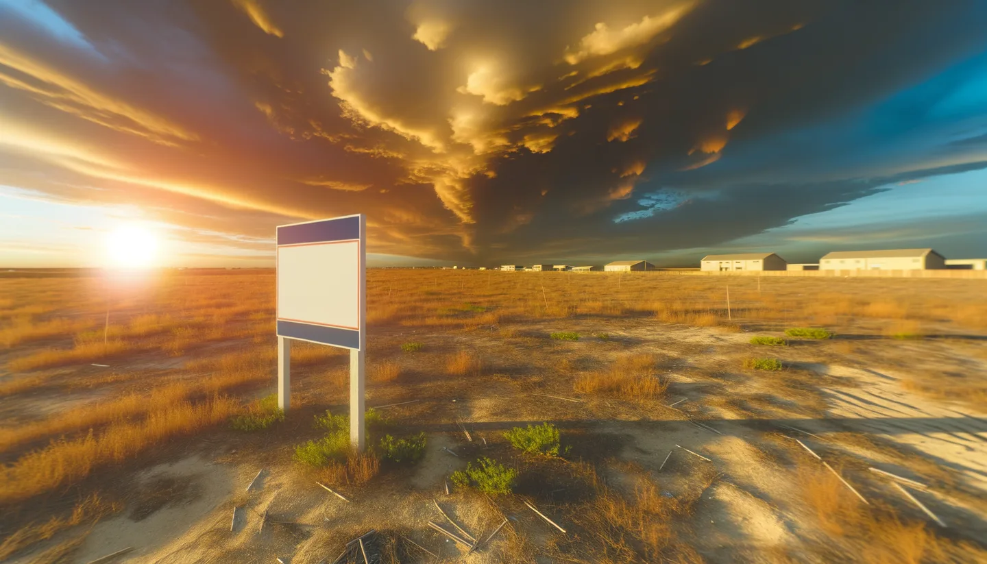 Vacant land parcel with real estate sign at golden hour