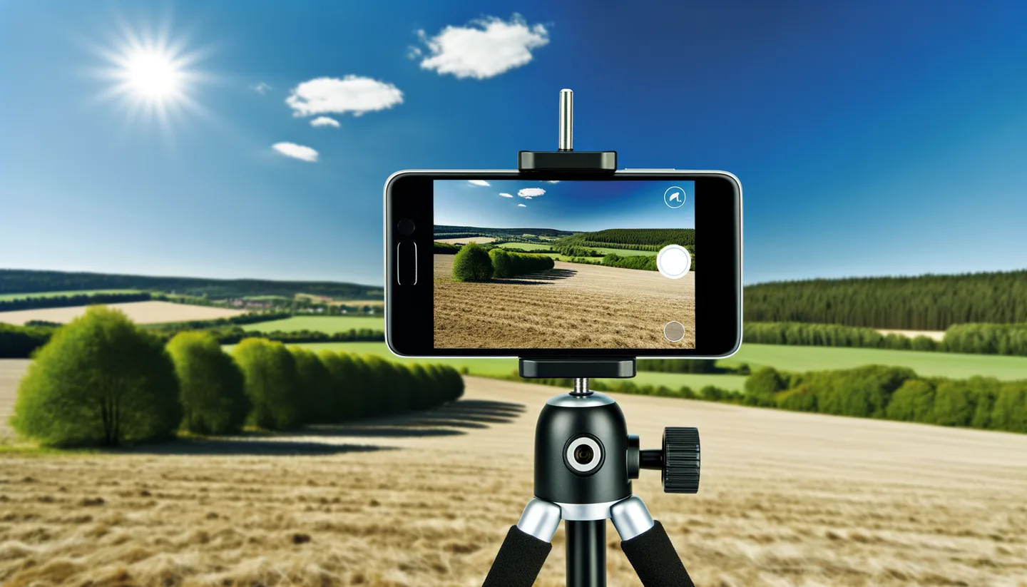 Smartphone on tripod photographing a vacant land parcel