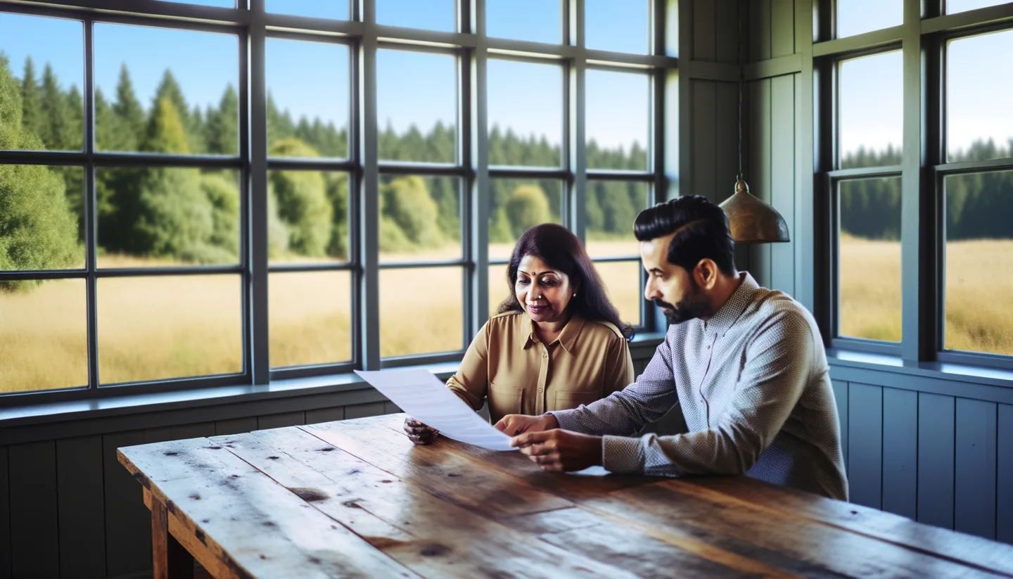 Two people reviewing land sale documents without a realtor