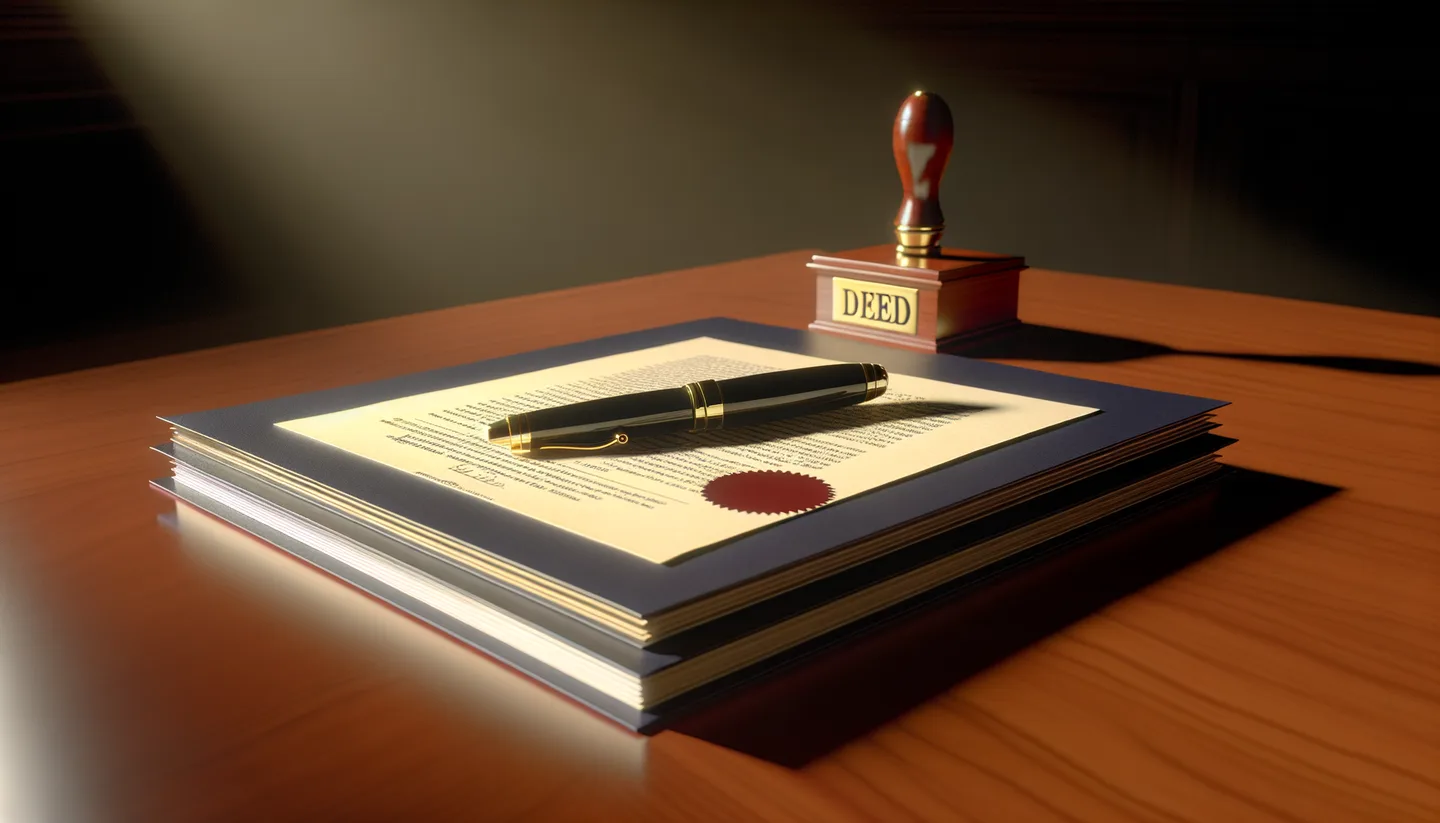 Legal land deed with notary stamp and fountain pen on desk