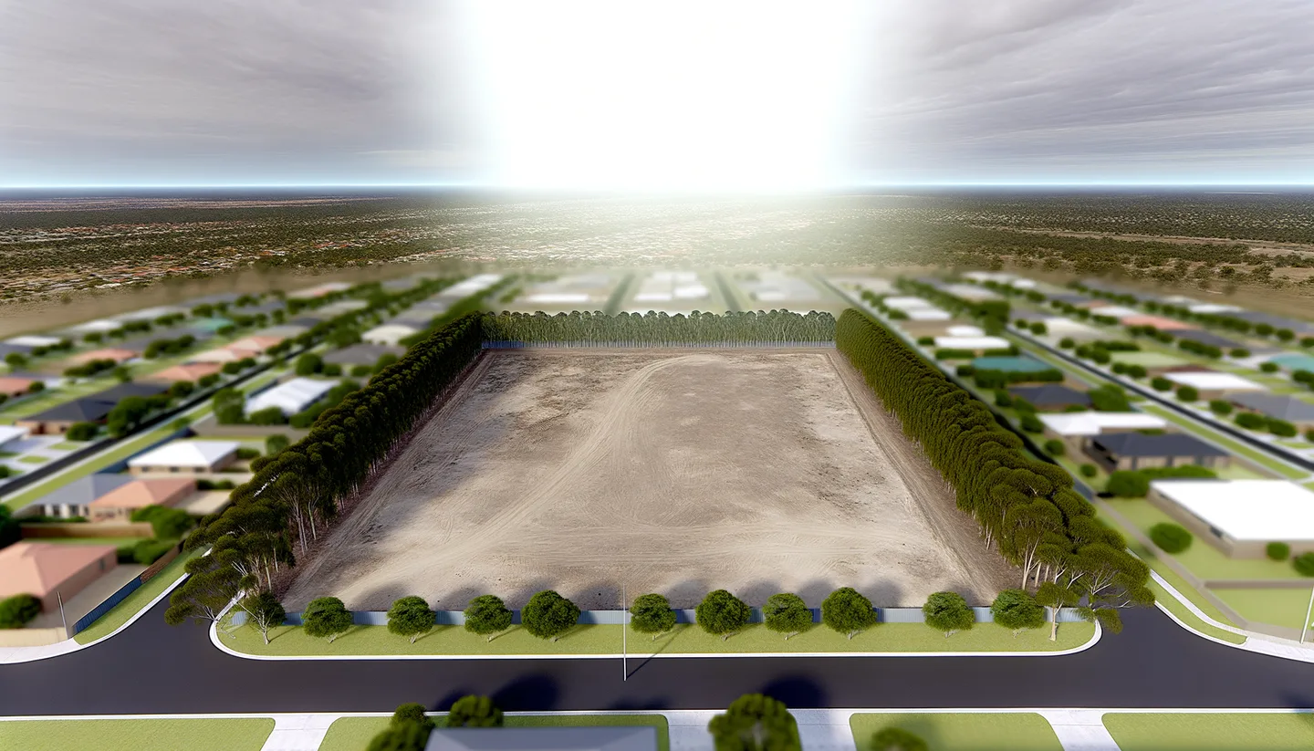 Aerial view of a cleared vacant lot bordered by trees