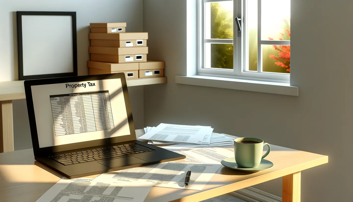 Property tax documents and laptop on a desk