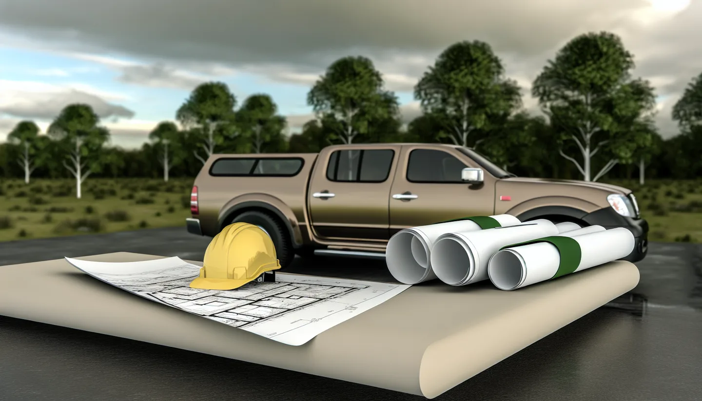 Blueprints and hard hat on a truck hood at a construction site