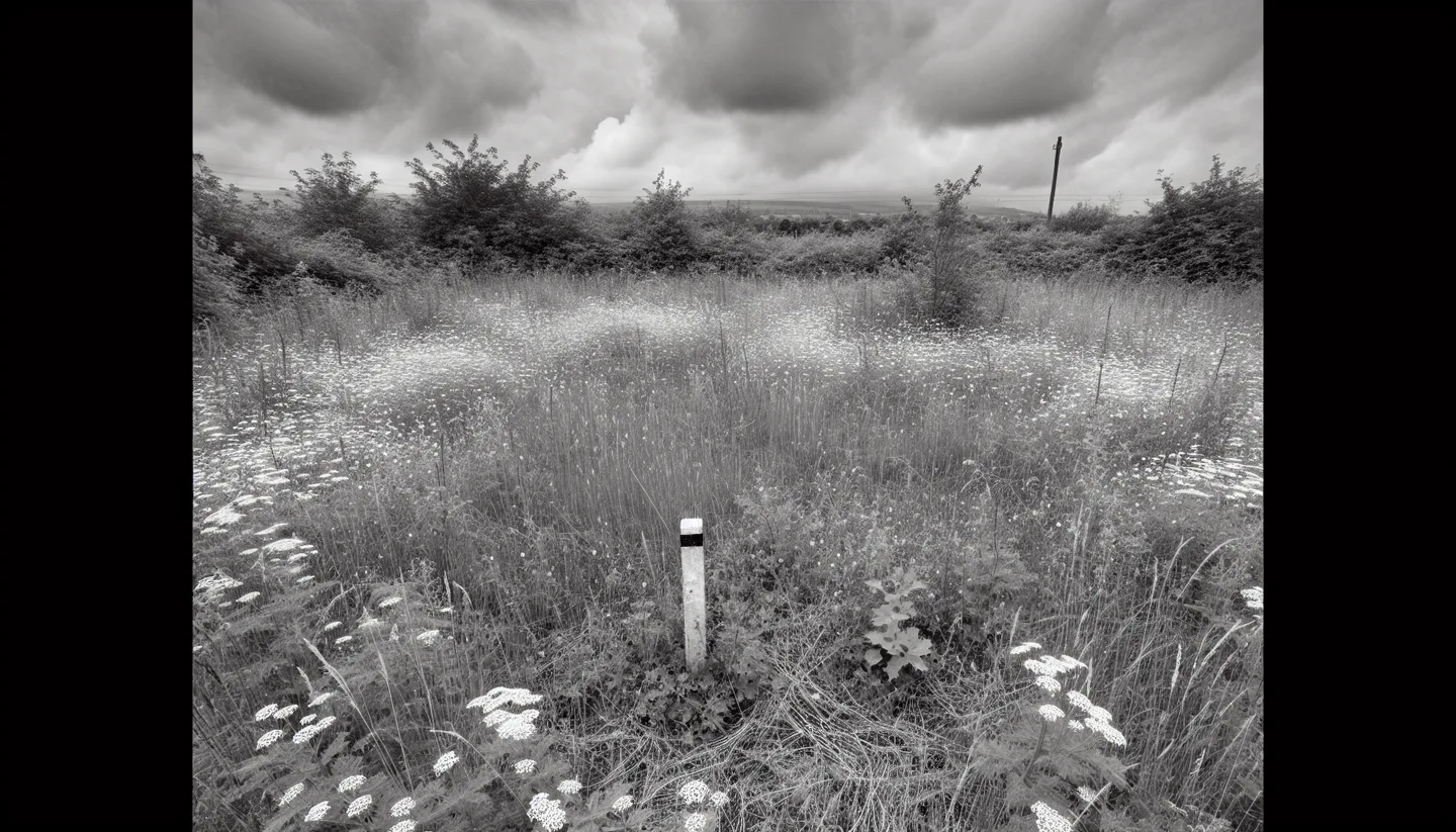 Overgrown inherited land parcel with boundary marker