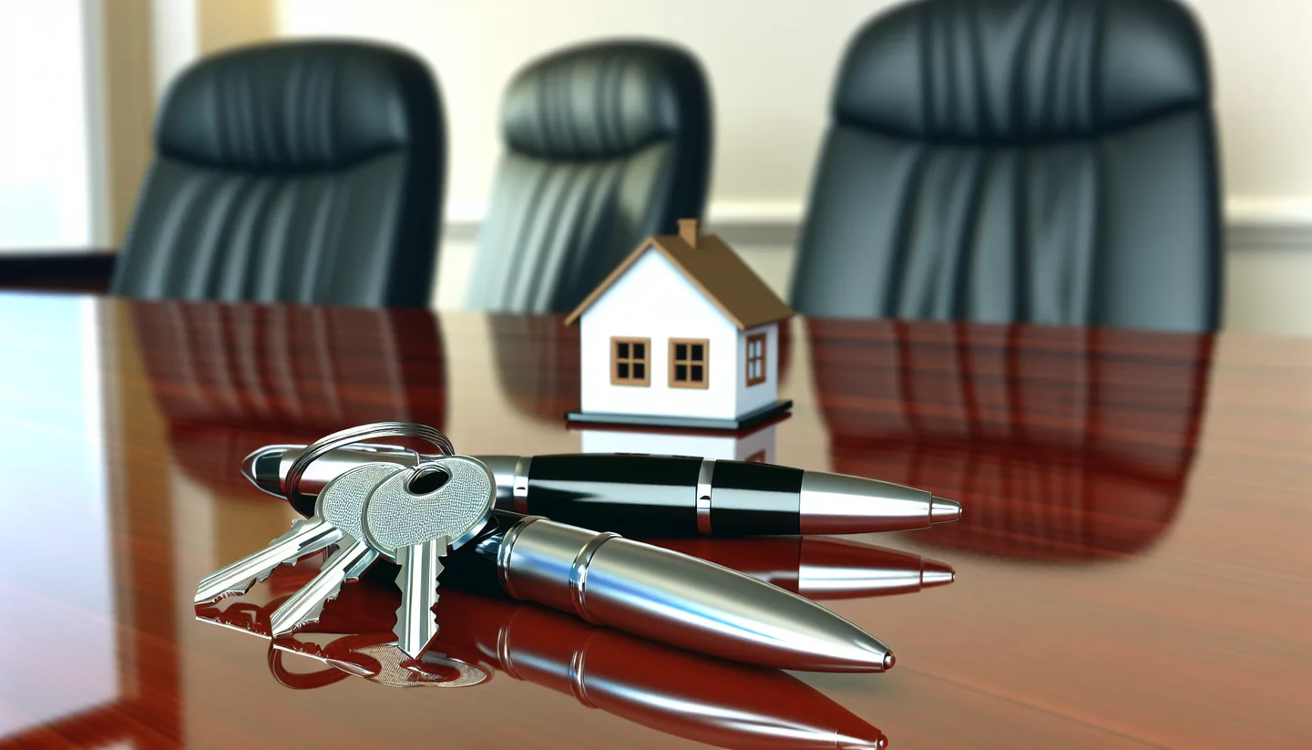 Property closing table with signed documents and keys from above