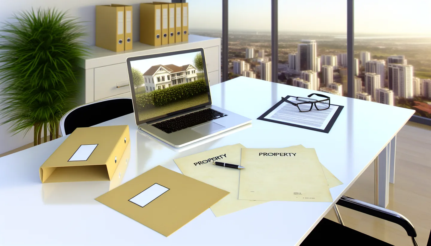 Professional office with property documents and city view