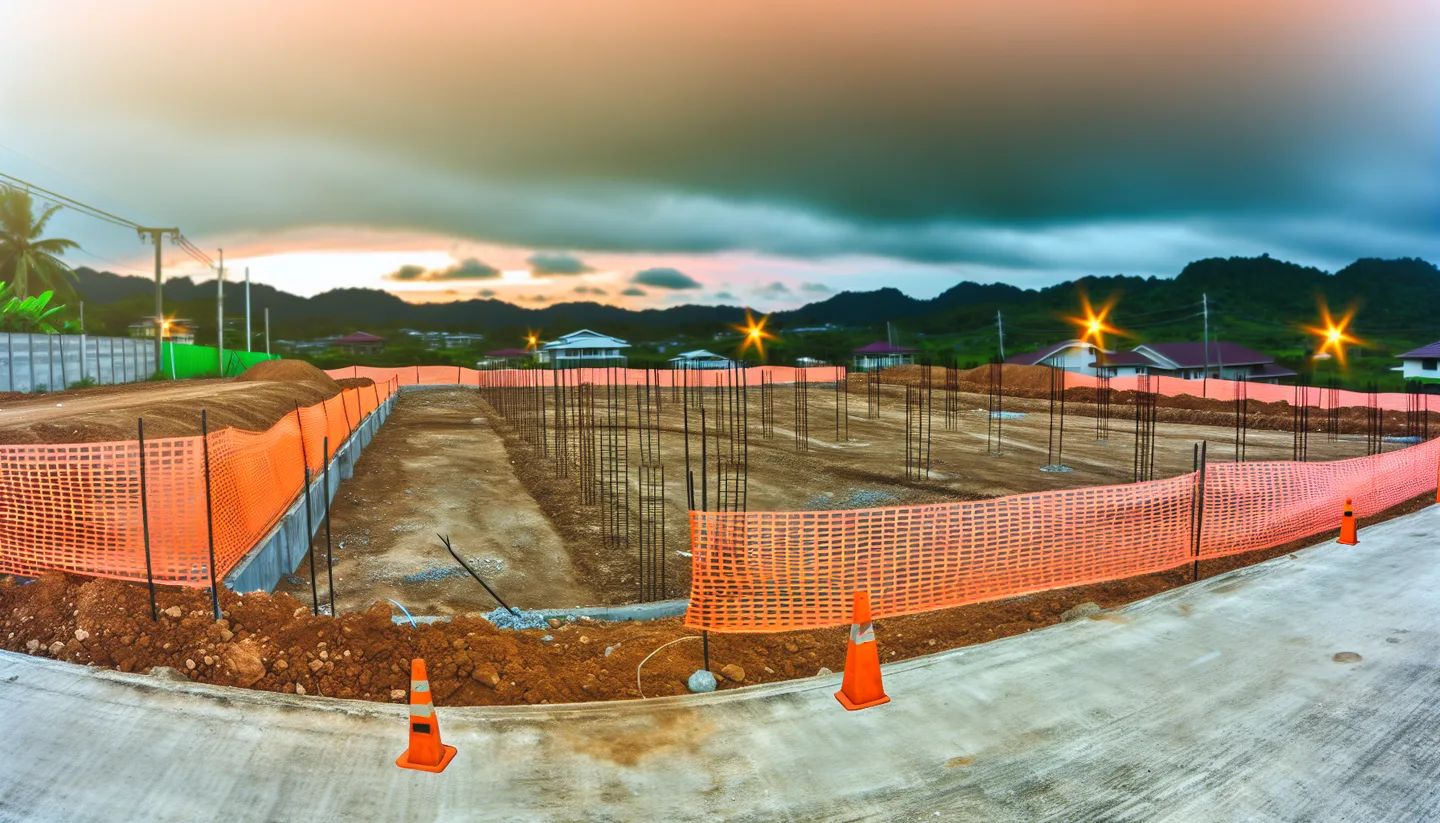 Graded construction lot with utility stakes