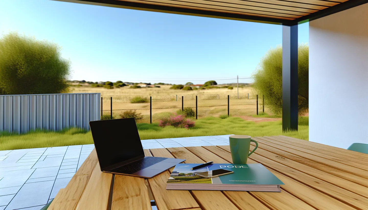 Laptop and property folder on a deck overlooking vacant land